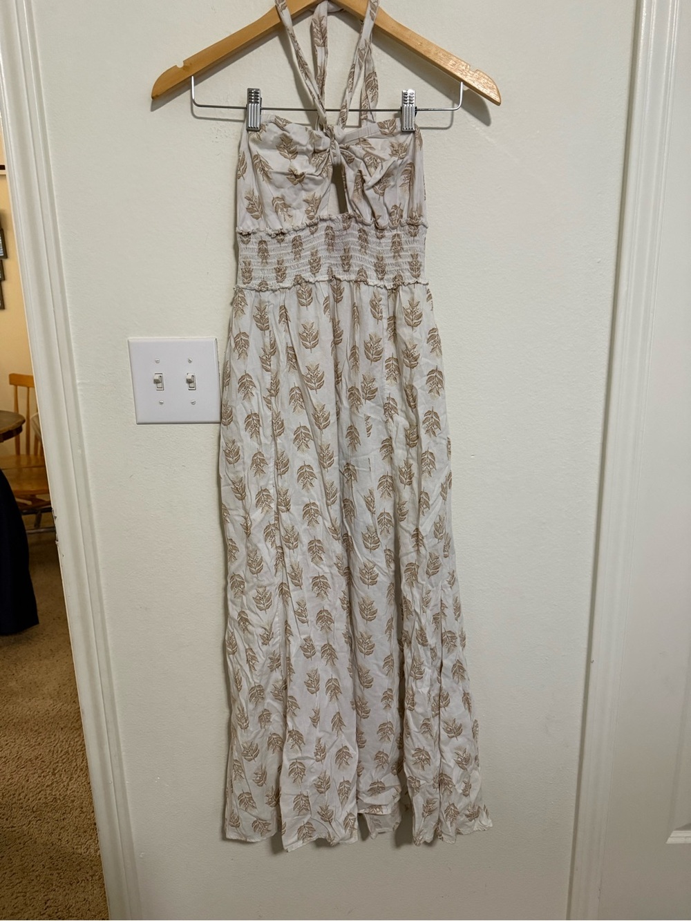 Old Navy Cream Halter Maxi Dress with Taupe Leaf Print